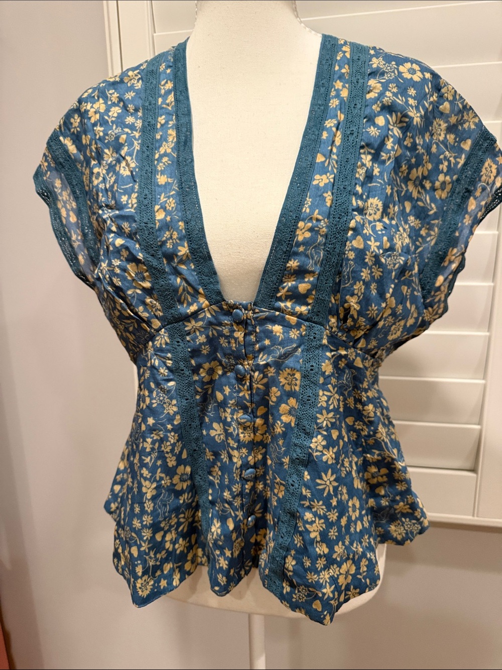 Free People Teal Blue Floral Lace-Trim V-Neck Blouse